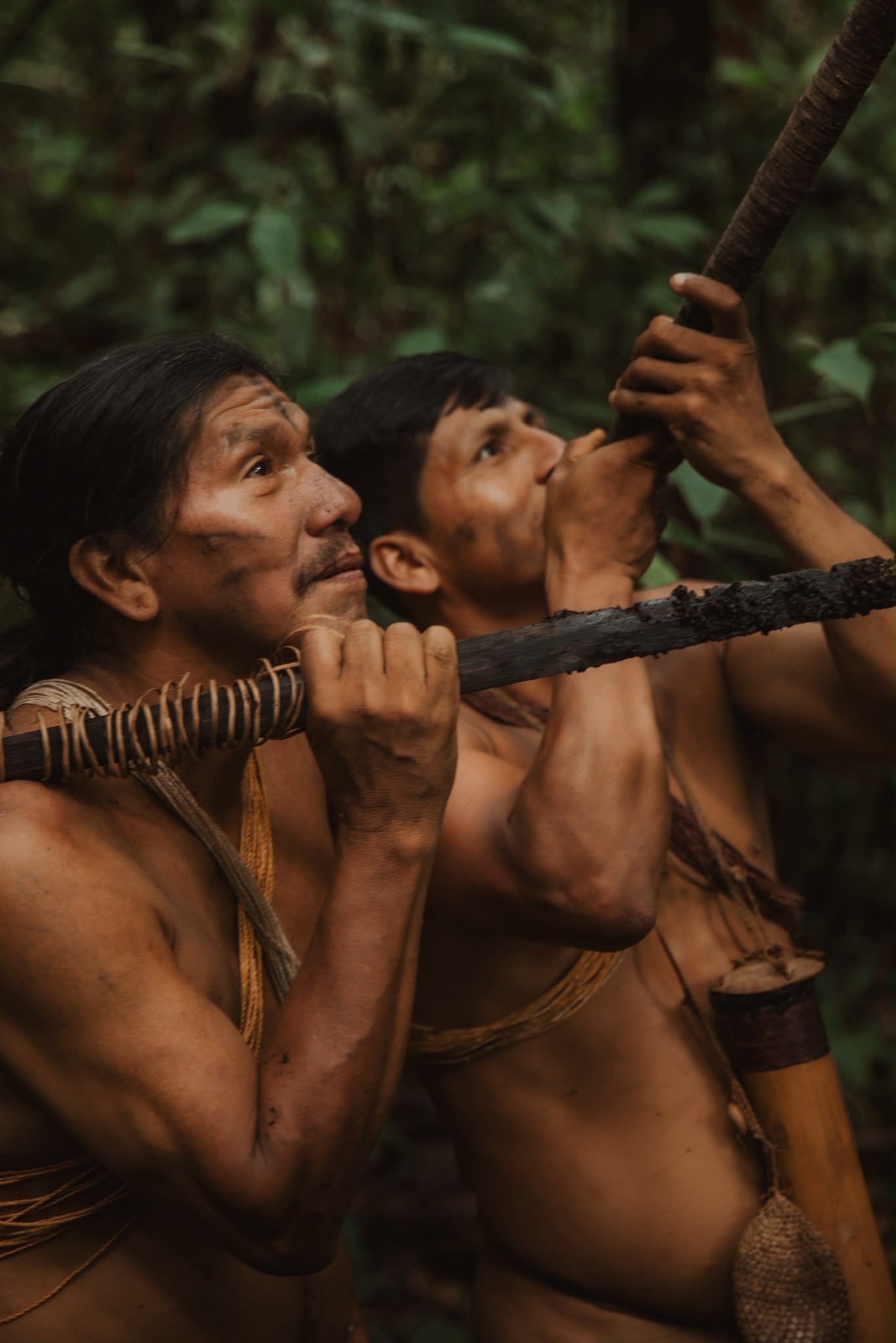 Cazadores Waorani con cerbatana en la selva amazónica